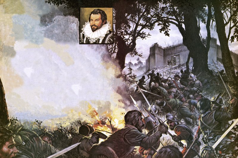Sir Walter Raleighs mænd angriber et spansk fort af Severino Baraldi