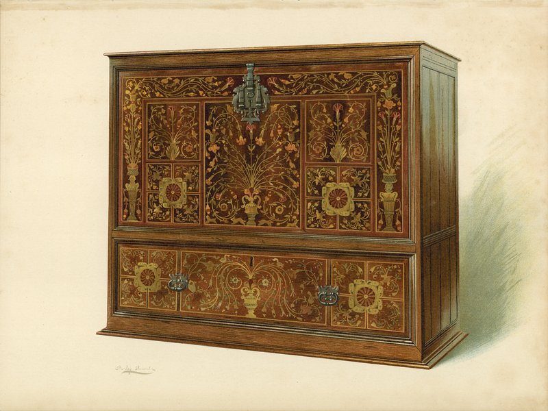 Kabinet indlagt med Marqueterie, ejendom tilhørende Sir George Donaldson (chromolitho) af Shirley Charles Llewellyn Slocombe