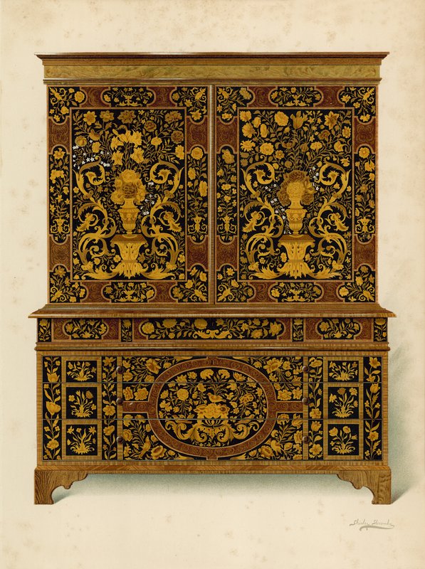 Kabinetpresse indlagt med Marqueterie, ejendom tilhørende Marquess of Exeter (chromolitho) af Shirley Charles Llewellyn Slocombe