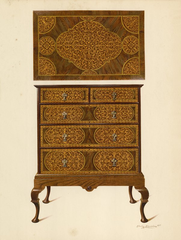 Kommode indlagt med Marqueterie (chromolitho) af Shirley Charles Llewellyn Slocombe