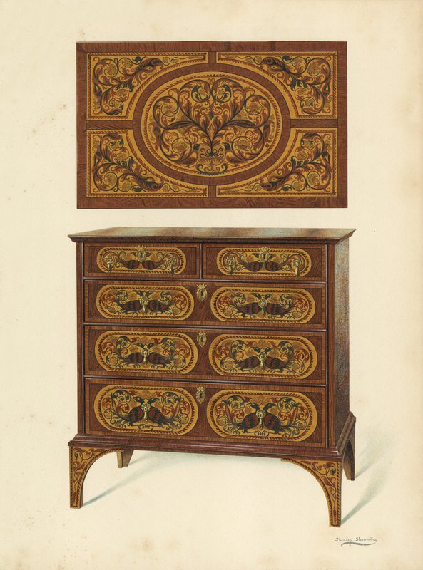 Kommode indlagt med Marqueterie (chromolitho) af Shirley Charles Llewellyn Slocombe