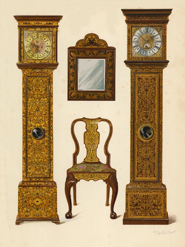 Ur indlagt med lys Marqueterie, ejendom tilhørende Percy Macquoid; Ur indlagt med Dark Marqueterie, Victoria and Albert Museum; Valnøddestol indlagt med Marqueterie; Spejl (chromolitho) af Shirley Charles Llewellyn Slocombe
