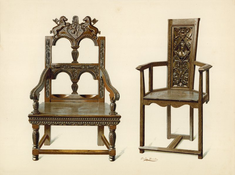 Oak Cacqueteuse stol, ejendom tilhørende Percy Macquoid; Taksstol, ejendom tilhørende hertugen af Leeds (chromolitho) af Shirley Charles Llewellyn Slocombe