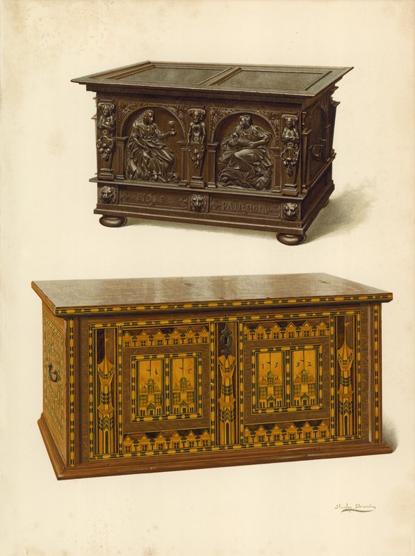 Oak Chest, ejendom tilhørende Seymour Lucas; Eg indlagt Nonesuch kiste (chromolitho) af Shirley Charles Llewellyn Slocombe