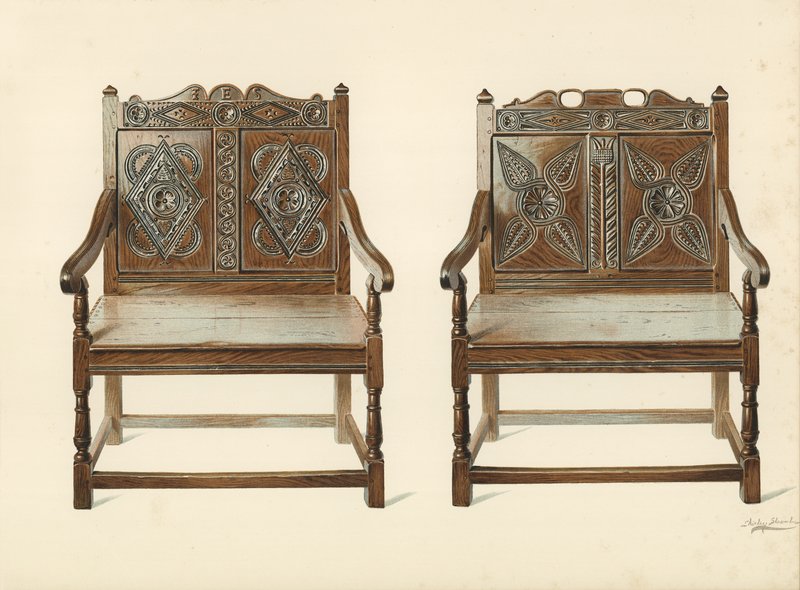 Oak Double Chairs (walisisk), ejendom tilhørende H Clarence Whaite (chromolitho) af Shirley Charles Llewellyn Slocombe
