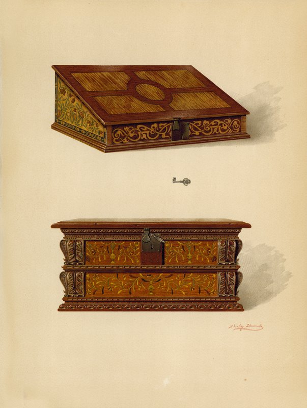 Oak Inlaid Box, ejendom tilhørende Edward Quilter; Oak Inlaid Box, ejendom tilhørende Edward Quilter (chromolitho) af Shirley Charles Llewellyn Slocombe