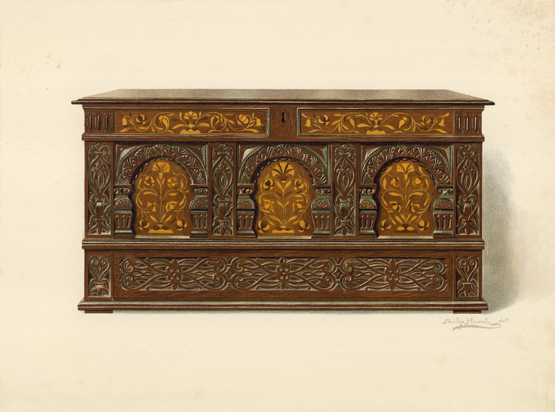 Oak Inlaid Chest, ejendom af Arthur James (chromolitho) af Shirley Charles Llewellyn Slocombe