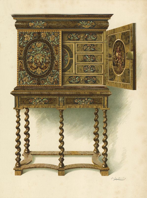 Valnøddeskab indlagt med Marqueterie, ejendom tilhørende The Hon Charlotte Maria Lady North og R Eden Dickson (chromolitho) af Shirley Charles Llewellyn Slocombe
