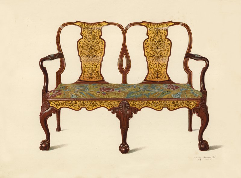 Valnøddesofa indlagt med Marqueterie, ejendom tilhørende Percy Macquoid (chromolitho) af Shirley Charles Llewellyn Slocombe
