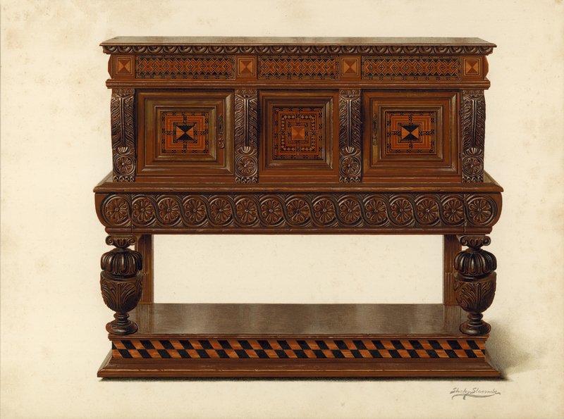 Valnød og eg stående buffet, ejendom af Percy Macquoid (chromolitho) af Shirley Charles Llewellyn Slocombe