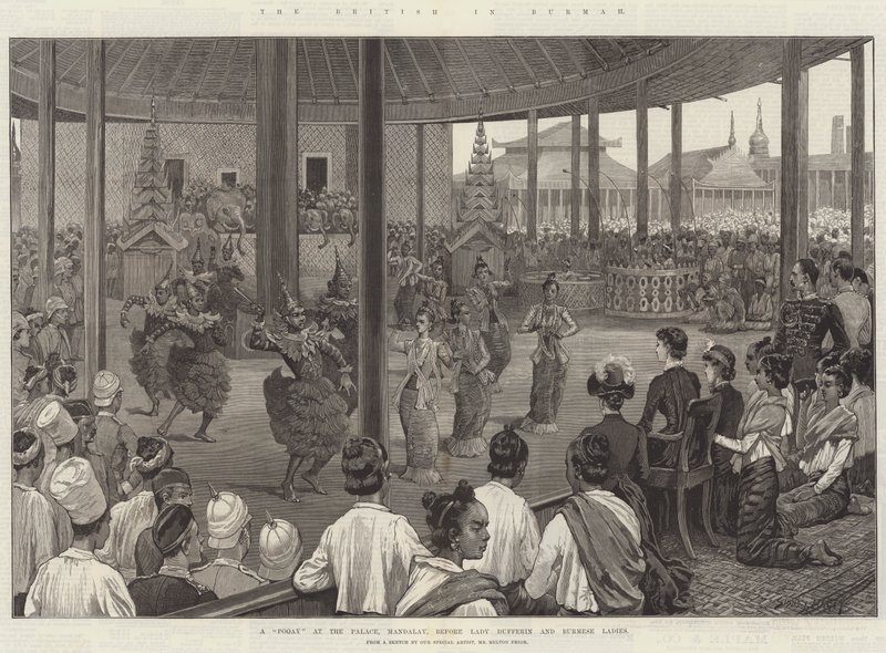 Briterne i Burma, en fattig ved paladset, Mandalay, før Lady Dufferin og burmesiske damer af Sidney Paget