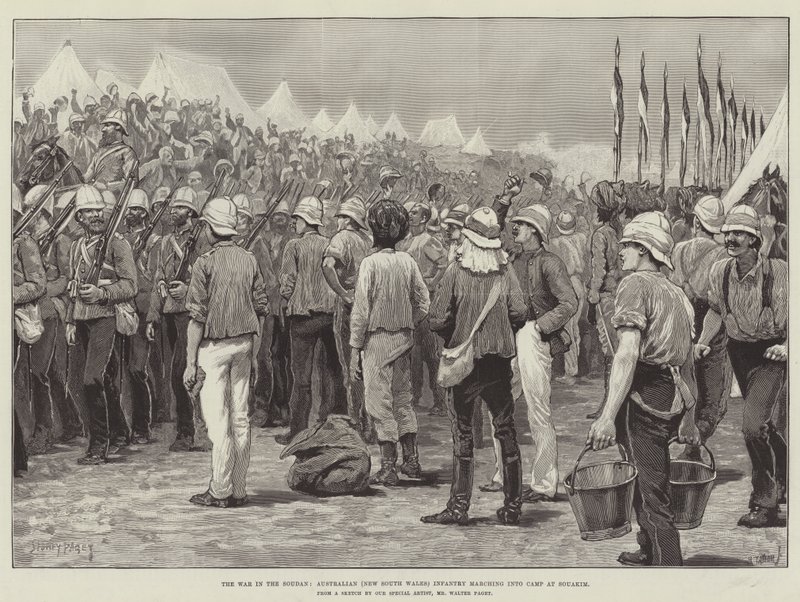 Krigen i Soudan, australsk (New South Wales) infanteri marcherer ind i lejren ved Souakim af Sidney Paget