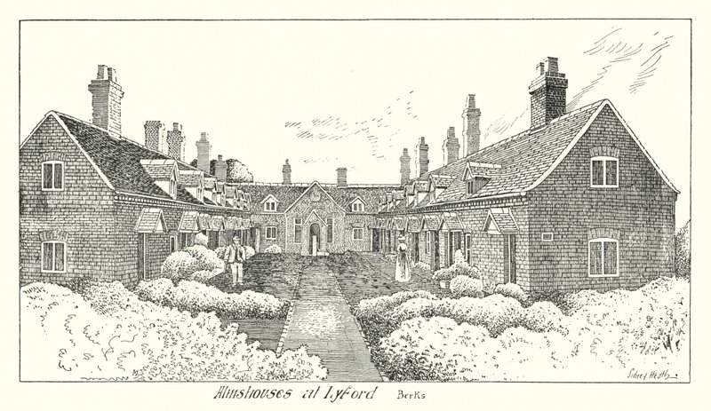 Almshuse i Lyford, Berks (gravering) af Sidney Heath