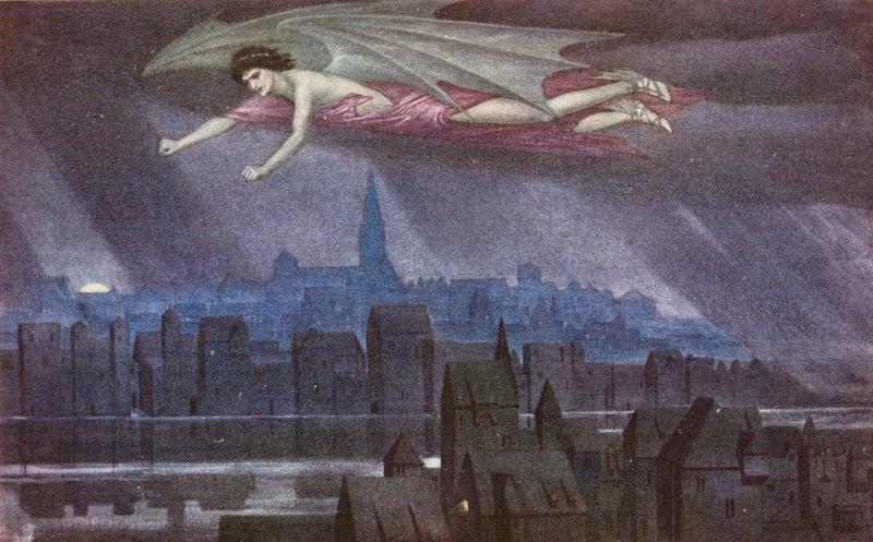Den gyldne legende: Lucifer flyver over byen (farvelitografi) af Sidney Meteyard