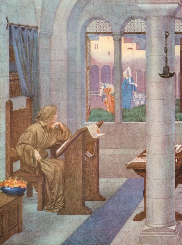 Den gyldne legende: The Scriptorium (farvelitografi) af Sidney Meteyard