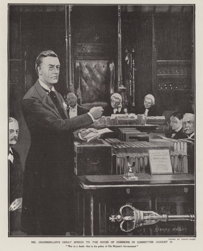 Joseph Chamberlains tale om Boerkrigen i Underhuset den 2. august 1901 (litho) af Sidney Paget