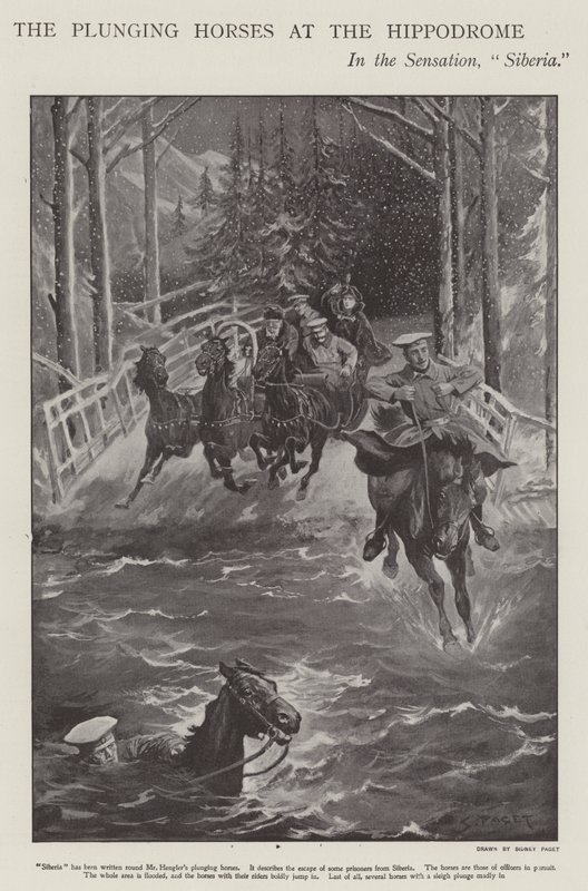 Dypende heste i Sibirien, en forestilling på London Hippodrome (litho) af Sidney Paget