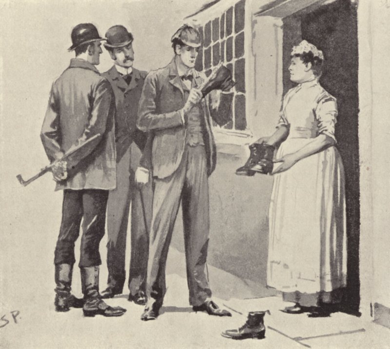 Stuepigen viste os støvlerne: scene fra Sherlock Holmes-historien The Boscombe Valley Mystery, af Arthur Conan Doyle (litho) af Sidney Paget