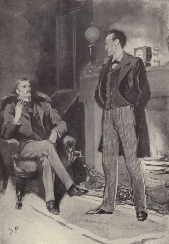 Så stod han ved bålet: scene fra Sherlock Holmes-mysteriet A Scandal in Bohemia, af Arthur Conan Doyle (litho) af Sidney Paget