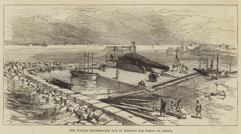 Den italienske 100-tons pistol i position til at skyde mod Spezia af Sir John Charles Robinson