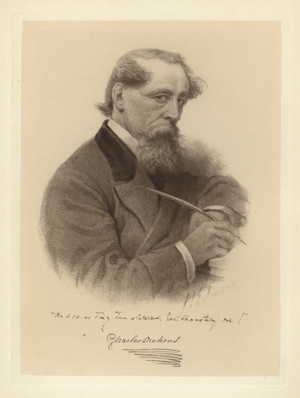 Portræt af Charles Dickens, der holder sin pen (s/h foto) af Solomon (after) Eytinge
