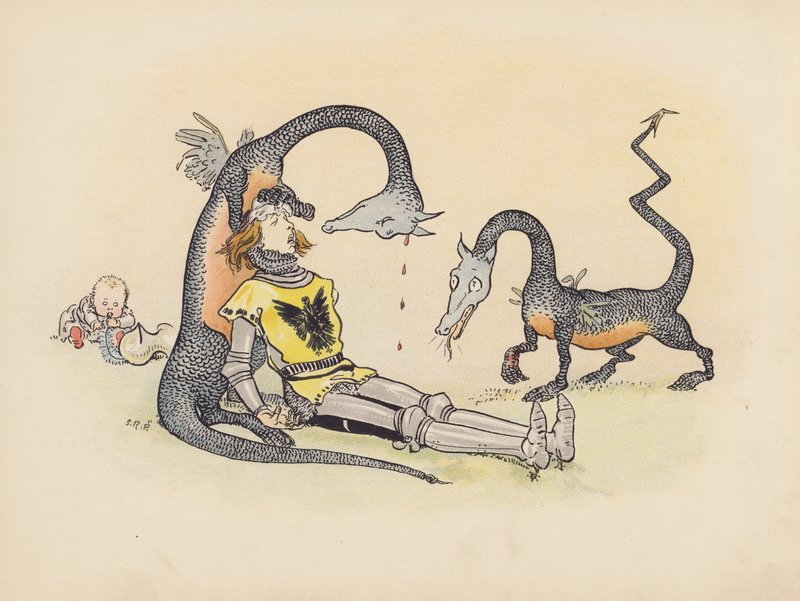Illustration til Little Twin Dragons af S Rosamond Praeger (farvelitografi) af Sophia Rosamond Praeger