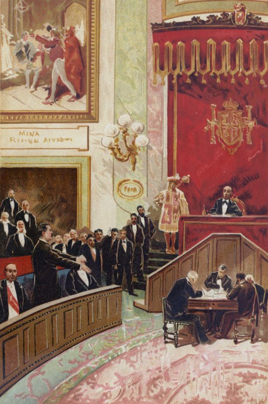 Proklamation af den første spanske republik i Cortes, Madrid, 11. februar 1873 af Spanish School
