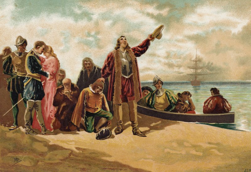 Pilgrimsfædrenes landgang i New England, 1620 af Spanish School