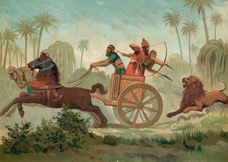 Ashurbanipal på løvejagt af Spanish School