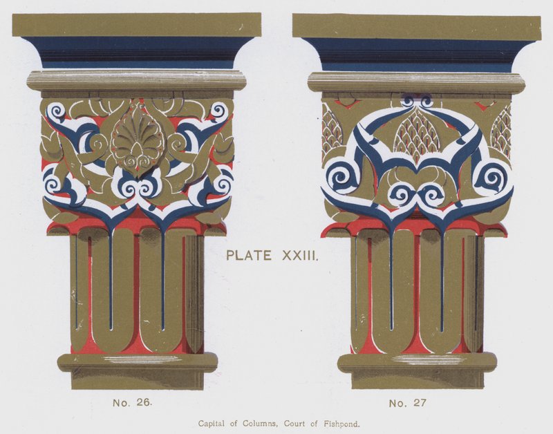 Søjlehovedstaden, Court of Fishpond (farve litho) af Spanish School