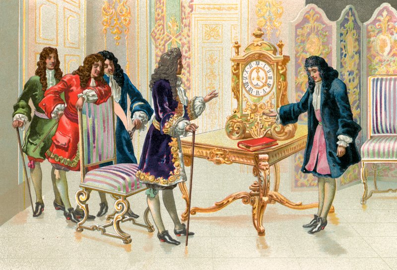 Christiaan Huygens præsenterer penduluret for Ludvig XIV af Spanish School