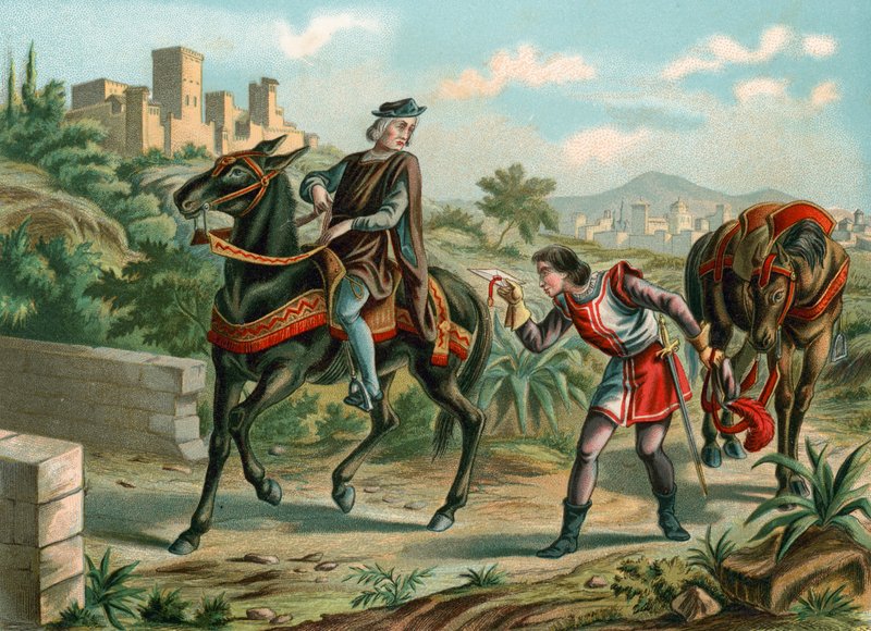 Columbus modtager en besked fra dronningen om at acceptere hans forslag af Spanish School