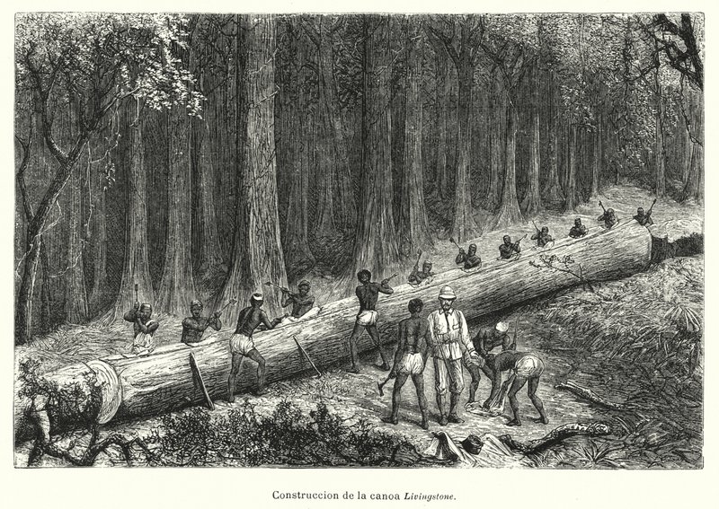 Konstruktion af kanoen Livingstone, Congo (litho) af Spanish School
