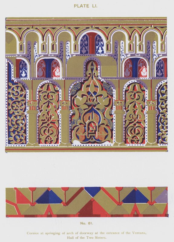 Gesims ved udspring af døråbning ved indgangen til Ventana, Hall of the Two Sisters (farve litho) af Spanish School