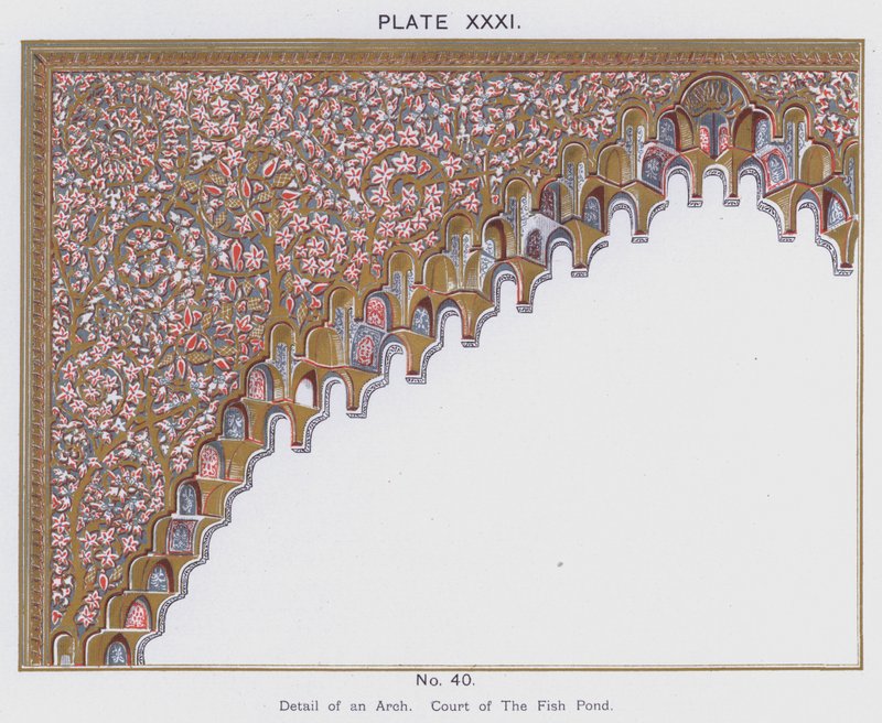 Detalje af en bue, Court of The Fish Pond (farve litho) af Spanish School