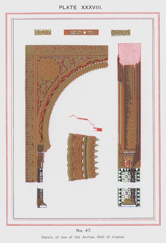 Detaljer om en af buerne, Hall of Justice (farve litho) af Spanish School