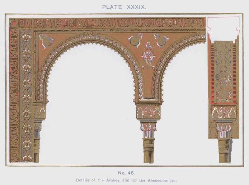 Detaljer om buerne, Hall of the Abencerranges (farve litho) af Spanish School