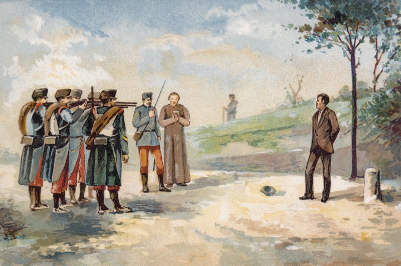 Henrettelse af den republikanske revolutionær Froilan Carvajal ved henrettelsespelotons henrettelse, Spanien, 1869 af Spanish School
