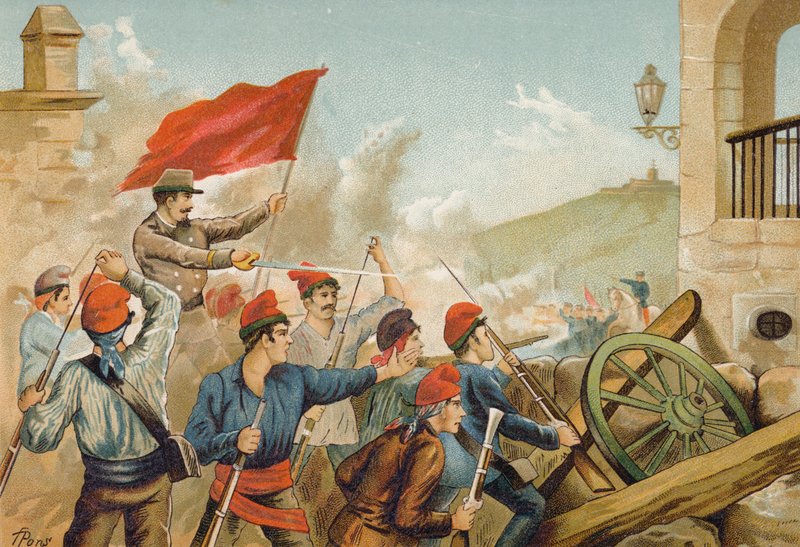 Kampe mellem republikanske frivillige og soldater, Sarria, Barcelona, 1874 af Spanish School