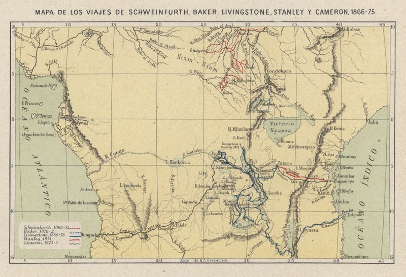 Kort, der viser opdagelsesrejsende Georg August Schweinfurth, Samuel Baker, David Livingstone, Henry Morton Stanley og Verney Lovett Camerons rejser i Afrika af Spanish School