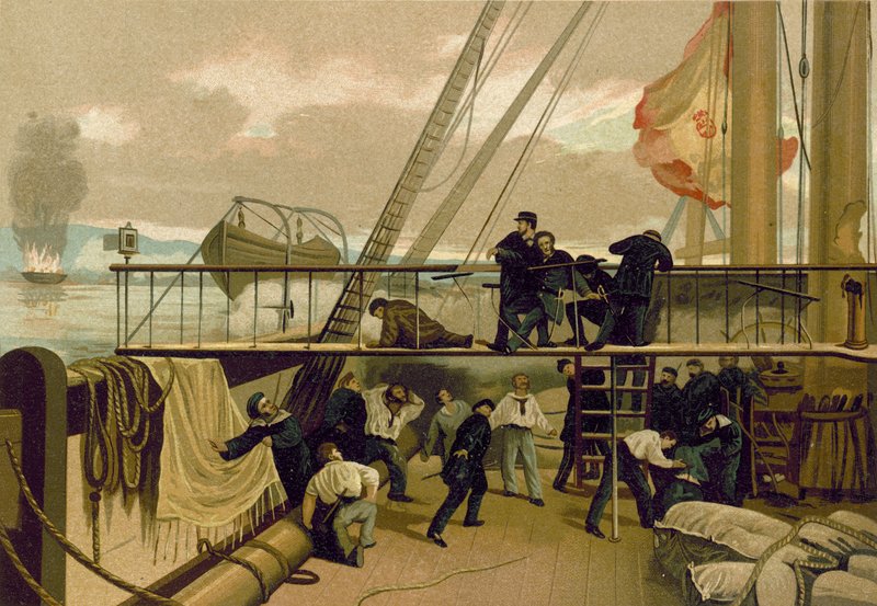 Mendez Nunez såret under bombardementet af Callao, Peru, 1866 af Spanish School