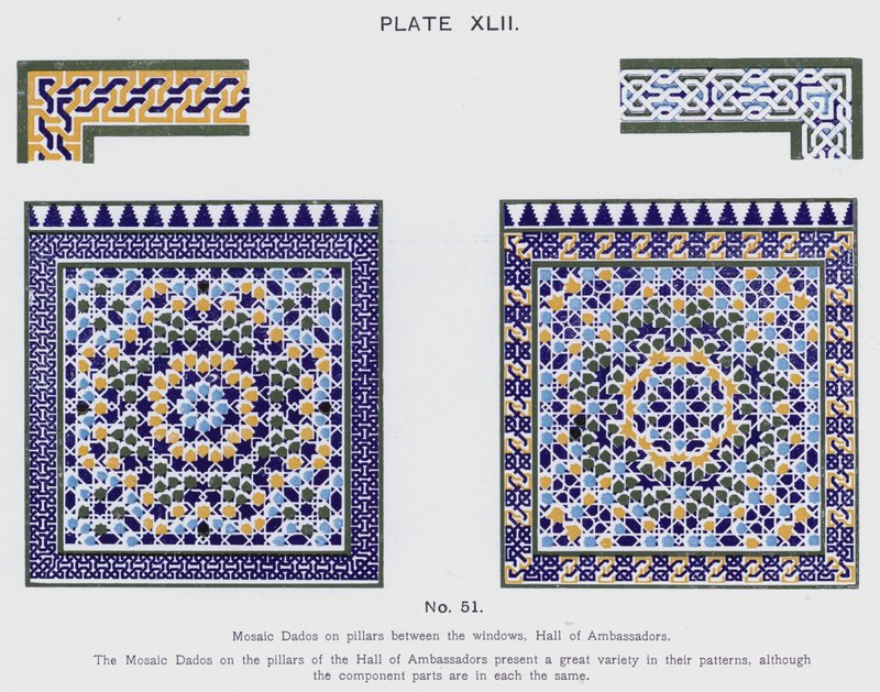 Mosaik Dados på søjler mellem vinduerne, Hall of Ambassadors (farve litho) af Spanish School