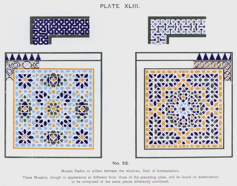 Mosaik Dados på søjler mellem vinduerne, Hall of Ambassadors (farve litho) af Spanish School