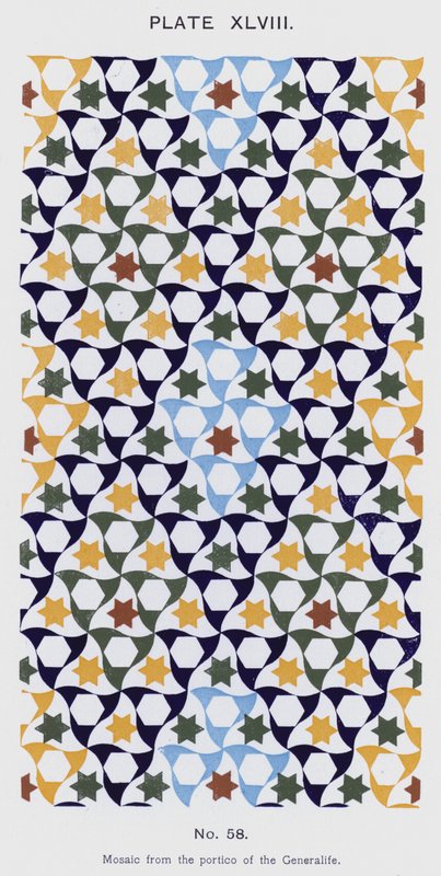 Mosaik fra forhallen i Generalife (farve litho) af Spanish School