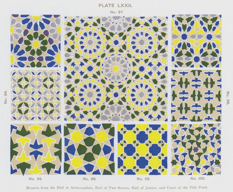 Mosaikker fra Hall of Ambassadors, Hall of Two Sisters, Hall of Justice og Court of the Fish Pond (farve litho) af Spanish School