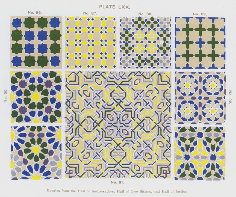 Mosaikker fra Hall of Ambassadors, Hall of Two Sisters og Hall of Justice (farve litho) af Spanish School