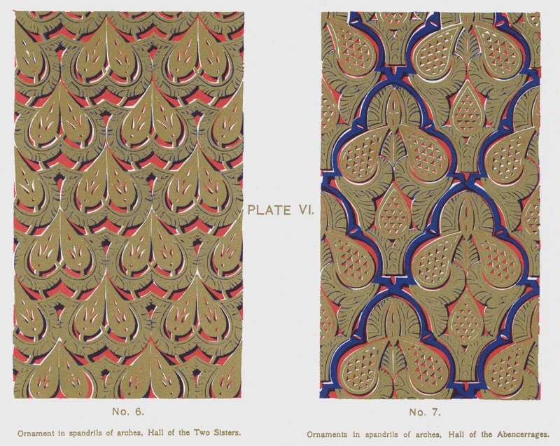 Ornament i buer, Hall of the Two Sisters, Ornamenter i spandriller af buer, Hall of the Abencerrajes (farve litho) af Spanish School