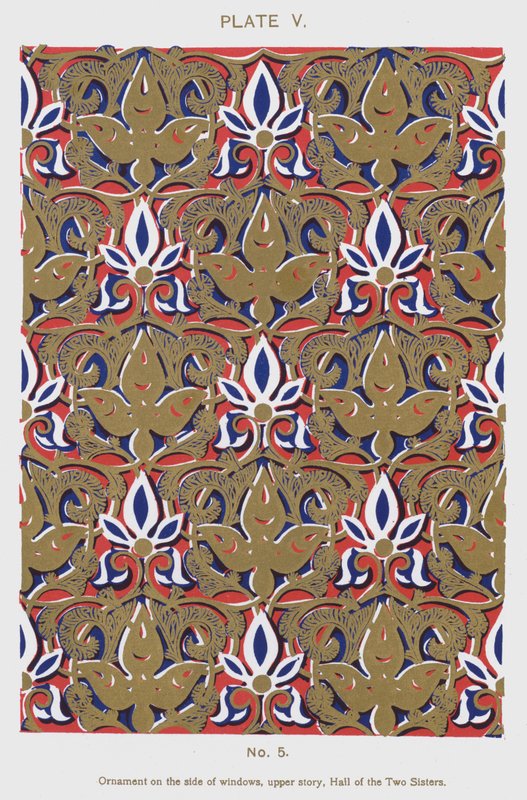 Ornament på siden af vinduer, øverste etage, Hall of the Two Sisters (farve litho) af Spanish School