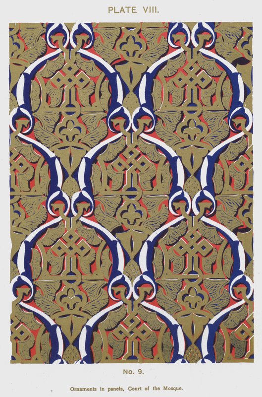 Ornamenter i paneler, Court of the Mosque (farve litho) af Spanish School