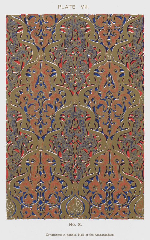 Ornamenter i paneler, Hall of the Ambassadors (farve litho) af Spanish School